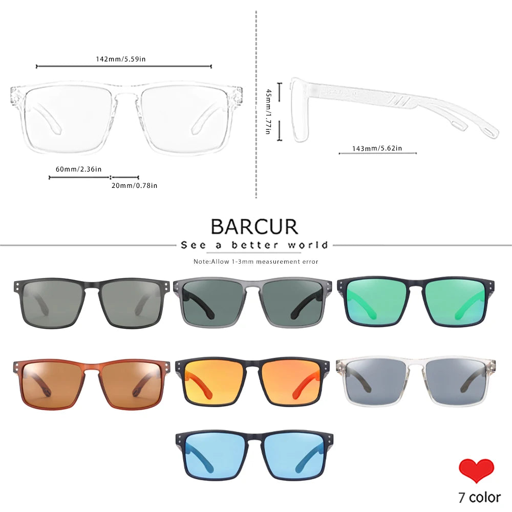 Barcur sunglasses with color options and measurements on a white background
