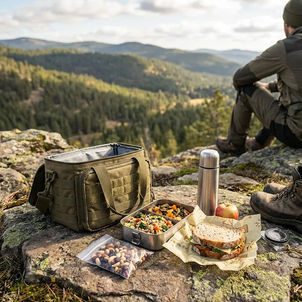Tactical lunch box packed with trail foods