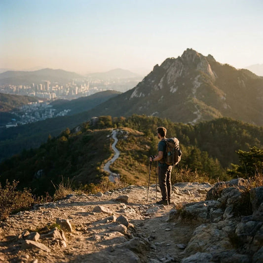 Urban hiker exploring quick getaway trail near city skyline