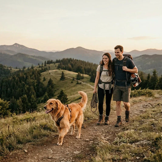 Hikers with backpacks on mountain trail with dog