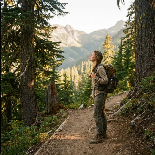 Person practicing trail therapy on forest path