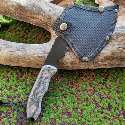 A compact, durable hand axe with a high-carbon steel blade, corrosion resistance, and ergonomic grip.