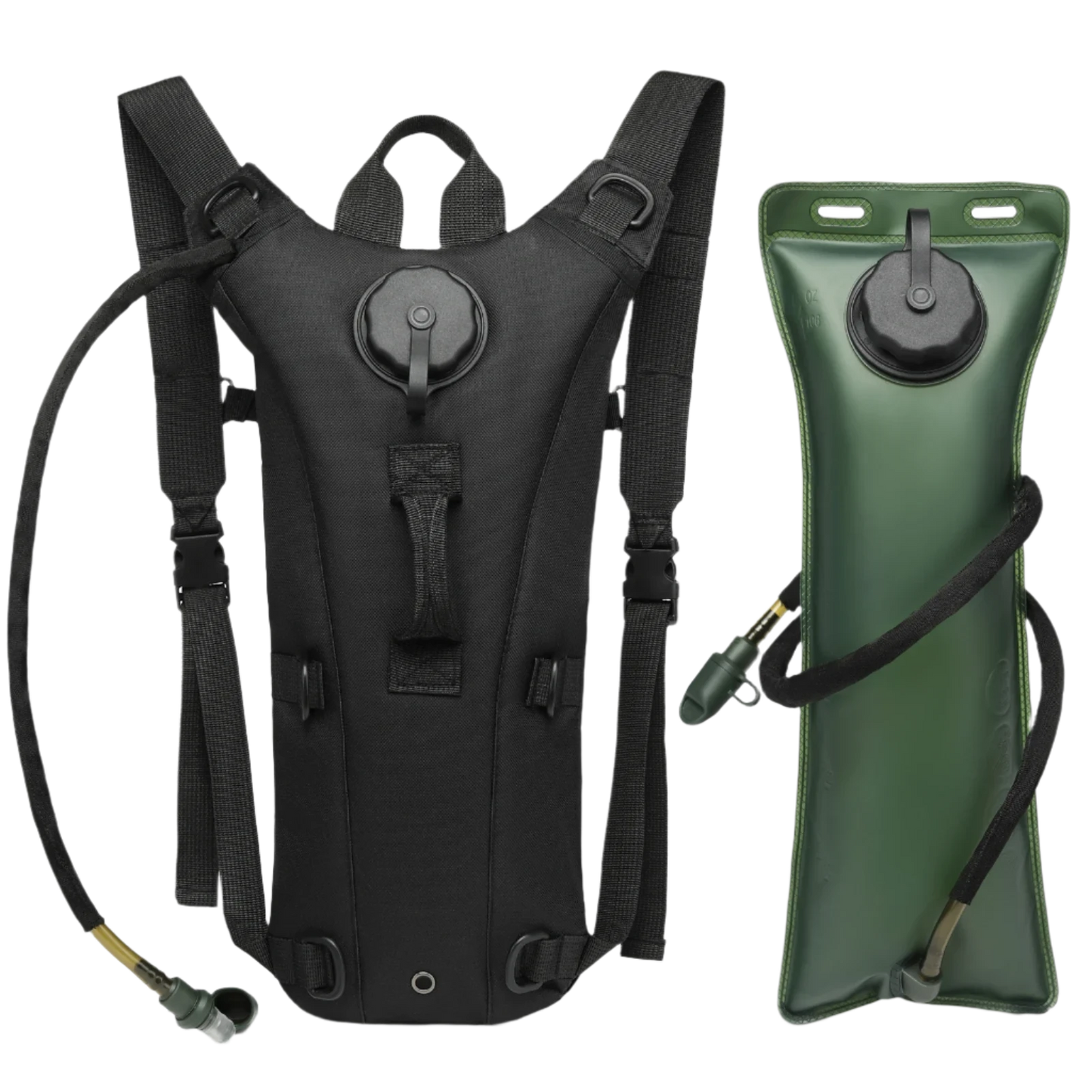 Black hydration pack with 3L water bladder, thermal insulation, sun protection, ample storage, eco-friendly, and easy hands-free use.