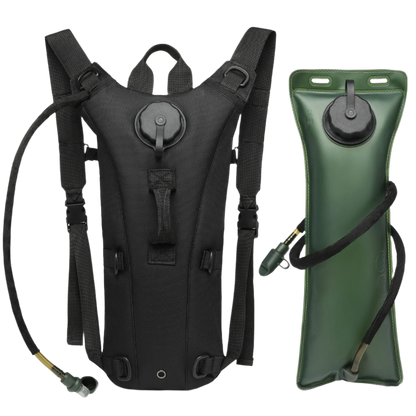 Black hydration pack with 3L water bladder, thermal insulation, sun protection, ample storage, eco-friendly, and easy hands-free use.