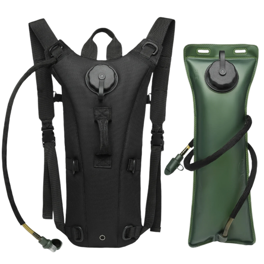 Black hydration pack with 3L water bladder, thermal insulation, sun protection, ample storage, eco-friendly, and easy hands-free use.