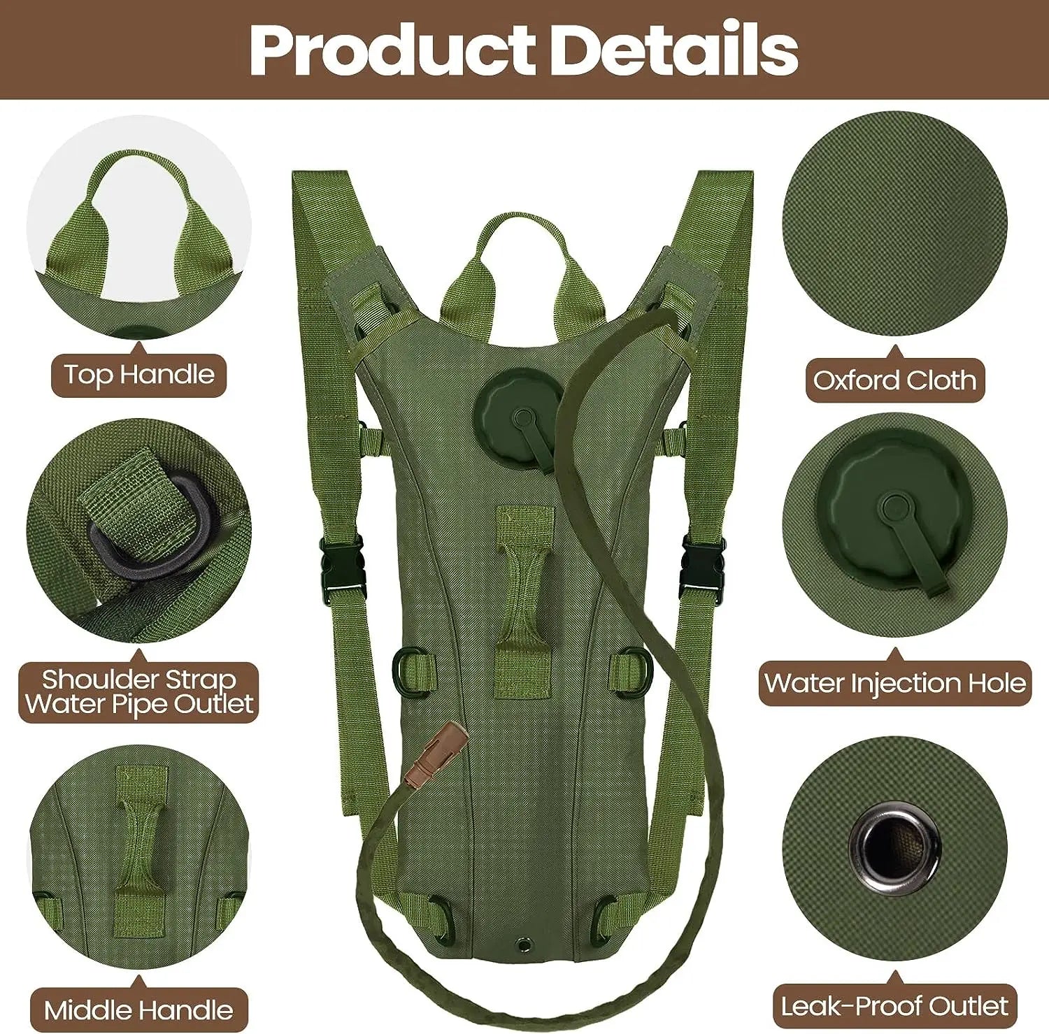 Hydration pack with 3L water bladder, thermal insulation, sun protection, ample storage, eco-friendly, and easy hands-free use.