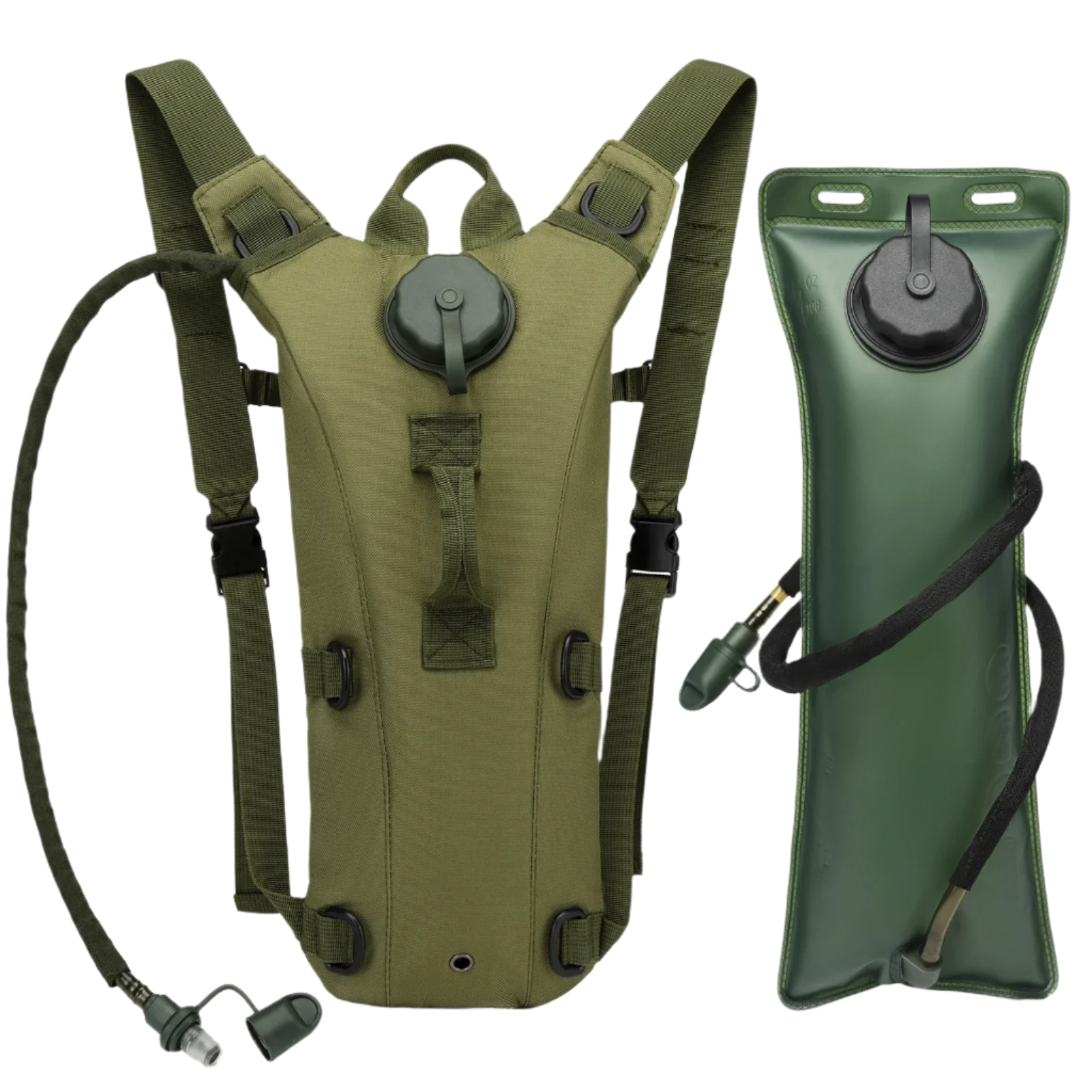 Green hydration pack with 3L water bladder, thermal insulation, sun protection, ample storage, eco-friendly, and easy hands-free use.