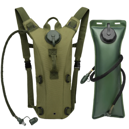 Green hydration pack with 3L water bladder, thermal insulation, sun protection, ample storage, eco-friendly, and easy hands-free use.