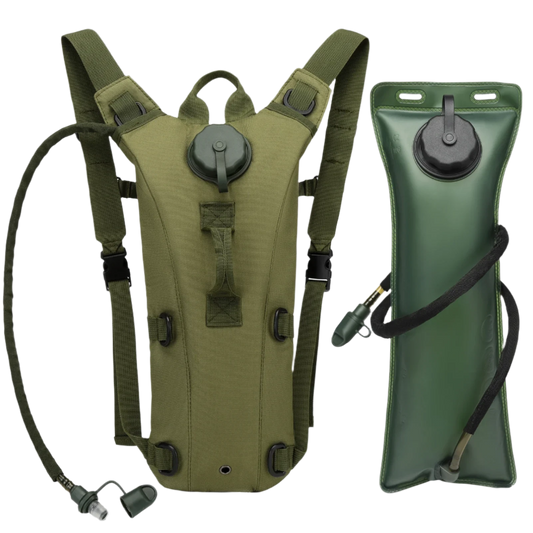 Green hydration pack with 3L water bladder, thermal insulation, sun protection, ample storage, eco-friendly, and easy hands-free use.