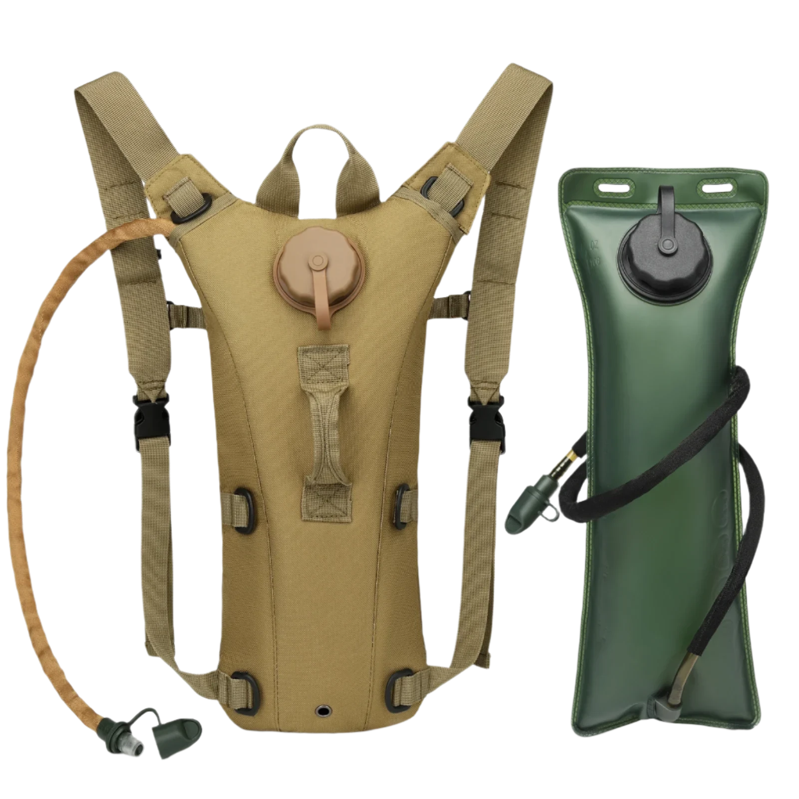 Tan hydration pack with 3L water bladder, thermal insulation, sun protection, ample storage, eco-friendly, and easy hands-free use.