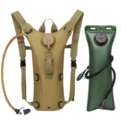 Tan hydration pack with 3L water bladder, thermal insulation, sun protection, ample storage, eco-friendly, and easy hands-free use.