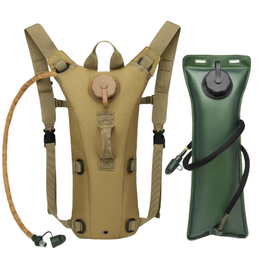 Tan hydration pack with 3L water bladder, thermal insulation, sun protection, ample storage, eco-friendly, and easy hands-free use.