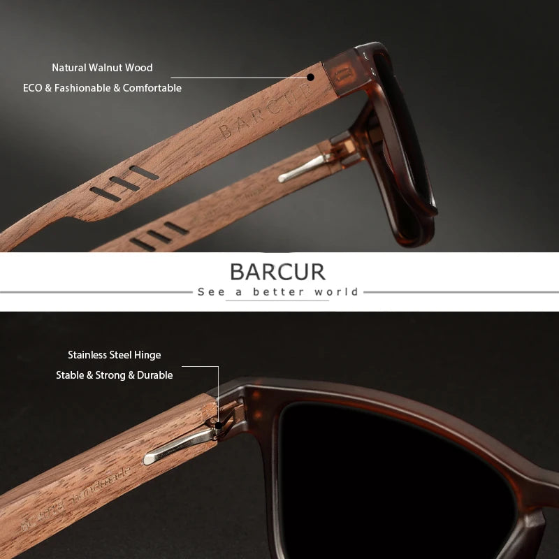 Wooden sunglasses with stainless steel hinge on a dark background, featuring the brand 'BARCUR'.