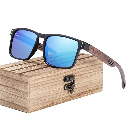 Sunglasses with blue lenses and wooden case on a white background, featuring the BARCUR brand.