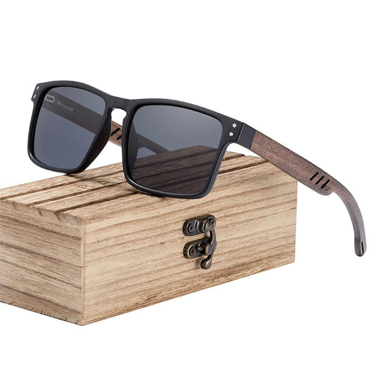 Sunglasses with wooden case on a white background, featuring the BARCUR brand.