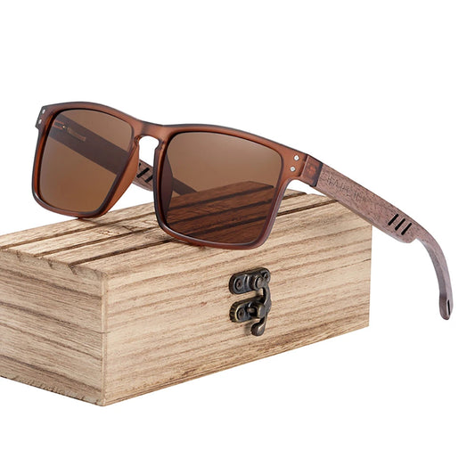Wooden sunglasses with a wooden box on a white background, featuring the BARCUR brand.