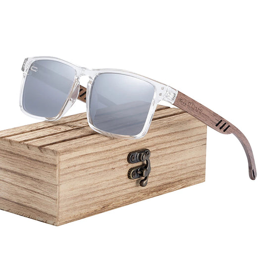 Sunglasses with wooden case on a white background, featuring the BARCUR brand.