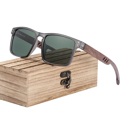 Sunglasses with wooden case on a white background, featuring the BARCUR brand.