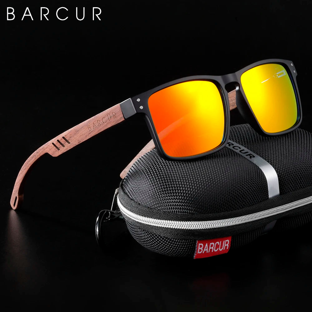 Sunglasses with wooden frame and yellow mirror lens on a black background, featuring the BARCUR brand.