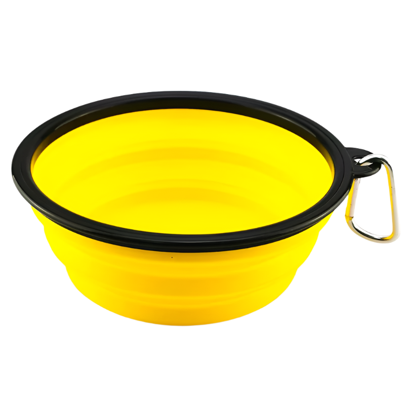 Yellow Collapsible Dog Bowl, portable silicone travel dish.