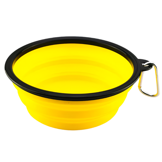 Yellow Collapsible Dog Bowl, portable silicone travel dish.