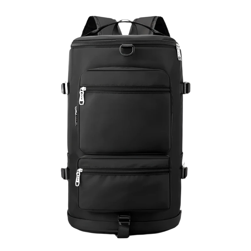 Black Multi-Functional Nylon Travel Backpack: Durable, versatile, with shoe pocket, wet-dry separation, laptop space, and multiple carrying options.