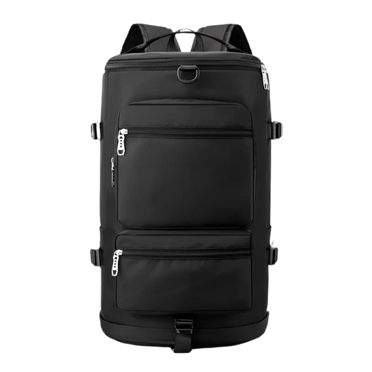 Black Multi-Functional Nylon Travel Backpack: Durable, versatile, with shoe pocket, wet-dry separation, laptop space, and multiple carrying options.