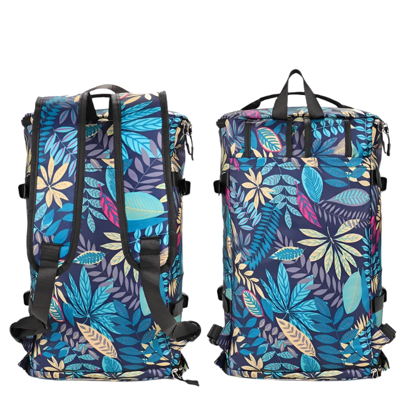 Multi-Functional Nylon Travel Backpack: Durable, versatile, with shoe pocket, wet-dry separation, laptop space, and multiple carrying options.