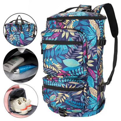 Multi-Functional Nylon Travel Backpack: Durable, versatile, with shoe pocket, wet-dry separation, laptop space, and multiple carrying options.