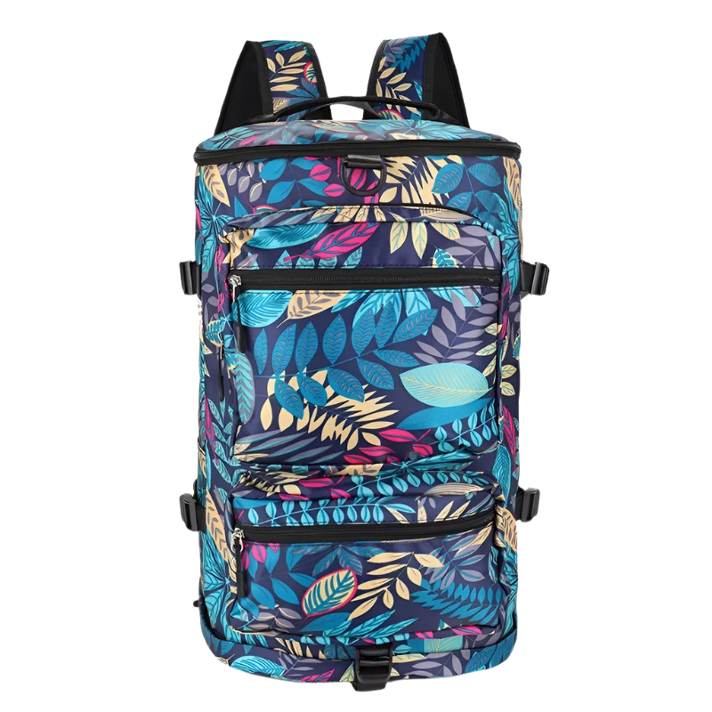 Blue Leaf Multi-Functional Nylon Travel Backpack: Durable, versatile, with shoe pocket, wet-dry separation, laptop space, and multiple carrying options.