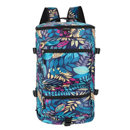 Blue Leaf Multi-Functional Nylon Travel Backpack: Durable, versatile, with shoe pocket, wet-dry separation, laptop space, and multiple carrying options.