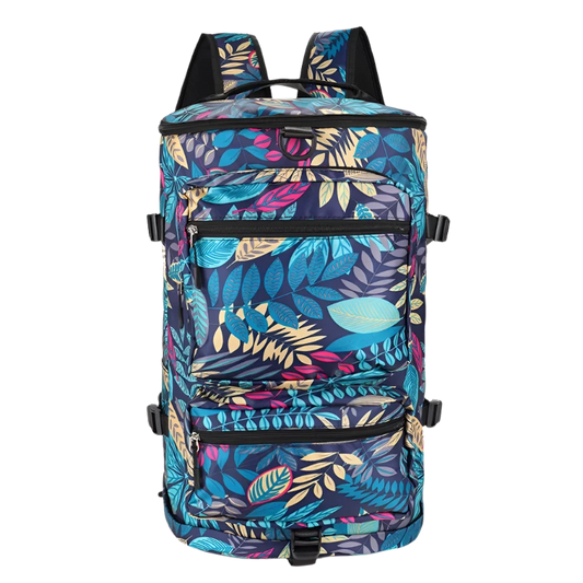 Blue Leaf Multi-Functional Nylon Travel Backpack: Durable, versatile, with shoe pocket, wet-dry separation, laptop space, and multiple carrying options.