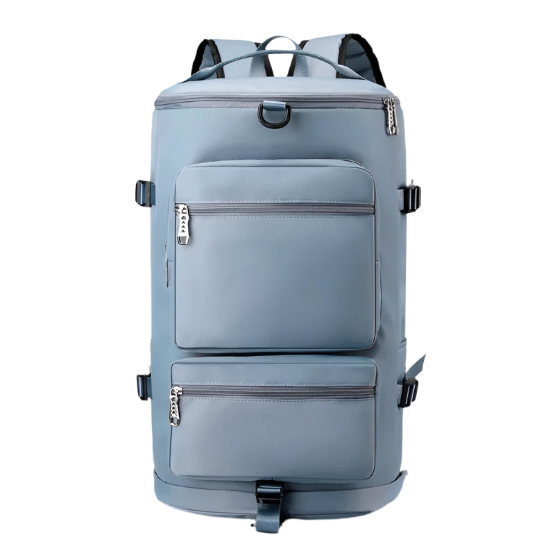 Blue Multi-Functional Nylon Travel Backpack: Durable, versatile, with shoe pocket, wet-dry separation, laptop space, and multiple carrying options.