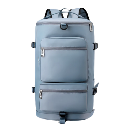 Blue Multi-Functional Nylon Travel Backpack: Durable, versatile, with shoe pocket, wet-dry separation, laptop space, and multiple carrying options.