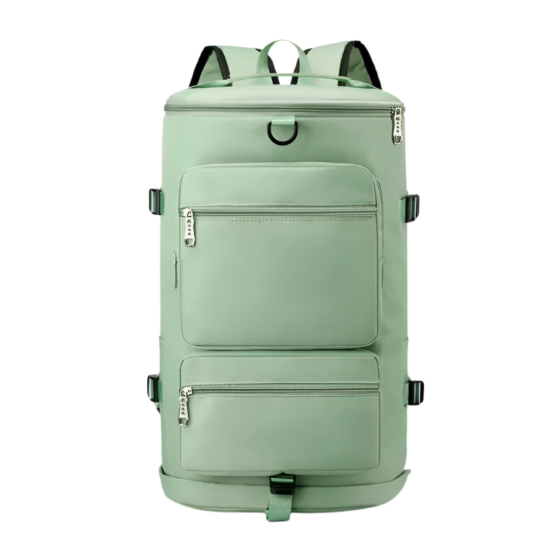 Green Multi-Functional Nylon Travel Backpack: Durable, versatile, with shoe pocket, wet-dry separation, laptop space, and multiple carrying options.