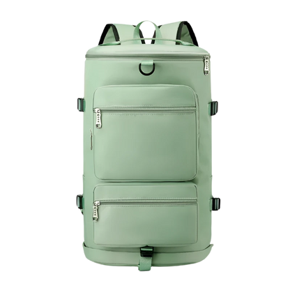 Green Multi-Functional Nylon Travel Backpack: Durable, versatile, with shoe pocket, wet-dry separation, laptop space, and multiple carrying options.