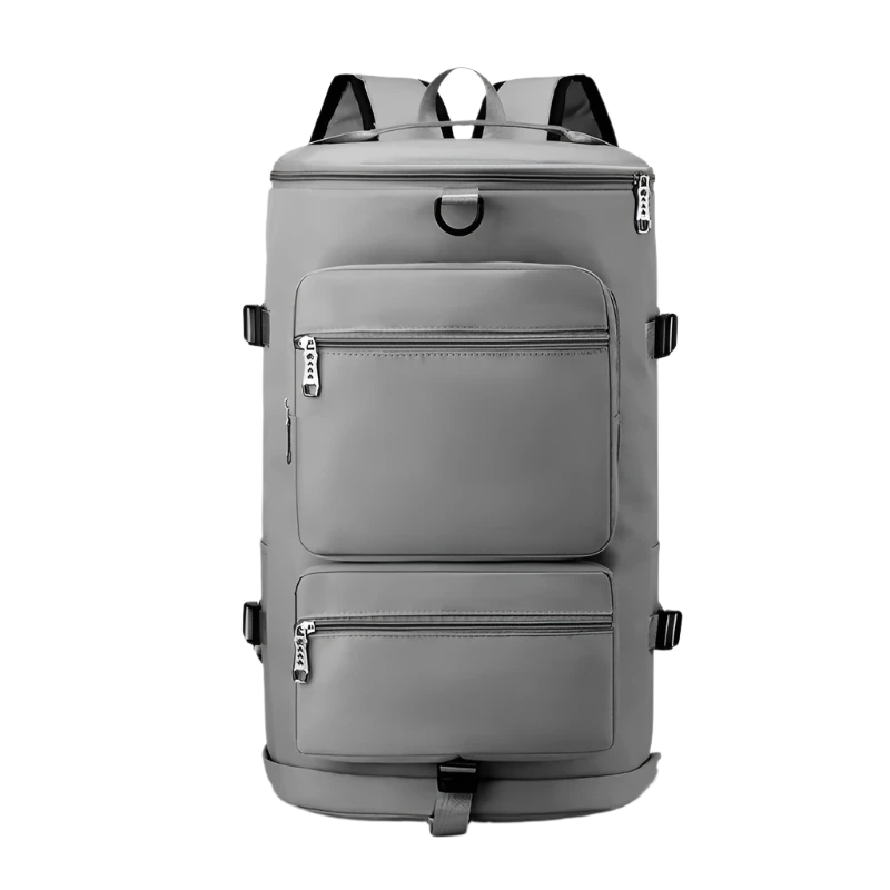 Grey Multi-Functional Nylon Travel Backpack: Durable, versatile, with shoe pocket, wet-dry separation, laptop space, and multiple carrying options.