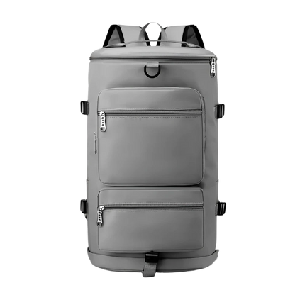 Grey Multi-Functional Nylon Travel Backpack: Durable, versatile, with shoe pocket, wet-dry separation, laptop space, and multiple carrying options.