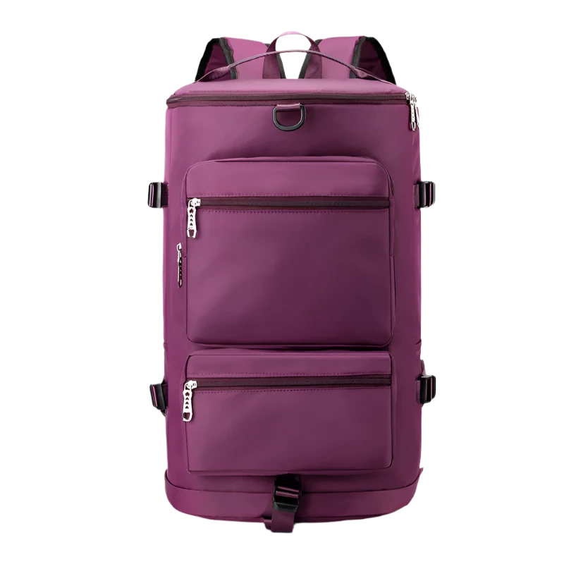 Purple Multi-Functional Nylon Travel Backpack: Durable, versatile, with shoe pocket, wet-dry separation, laptop space, and multiple carrying options.