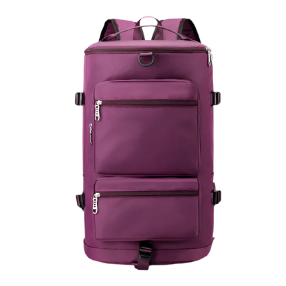 Purple Multi-Functional Nylon Travel Backpack: Durable, versatile, with shoe pocket, wet-dry separation, laptop space, and multiple carrying options.