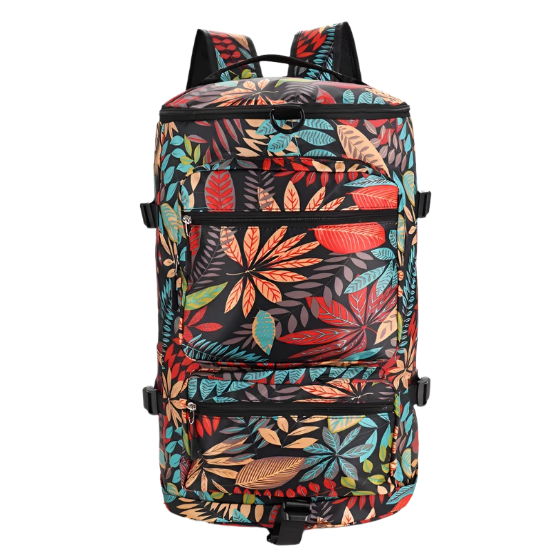 Red Leaf Multi-Functional Nylon Travel Backpack: Durable, versatile, with shoe pocket, wet-dry separation, laptop space, and multiple carrying options.