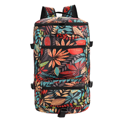 Red Leaf Multi-Functional Nylon Travel Backpack: Durable, versatile, with shoe pocket, wet-dry separation, laptop space, and multiple carrying options.