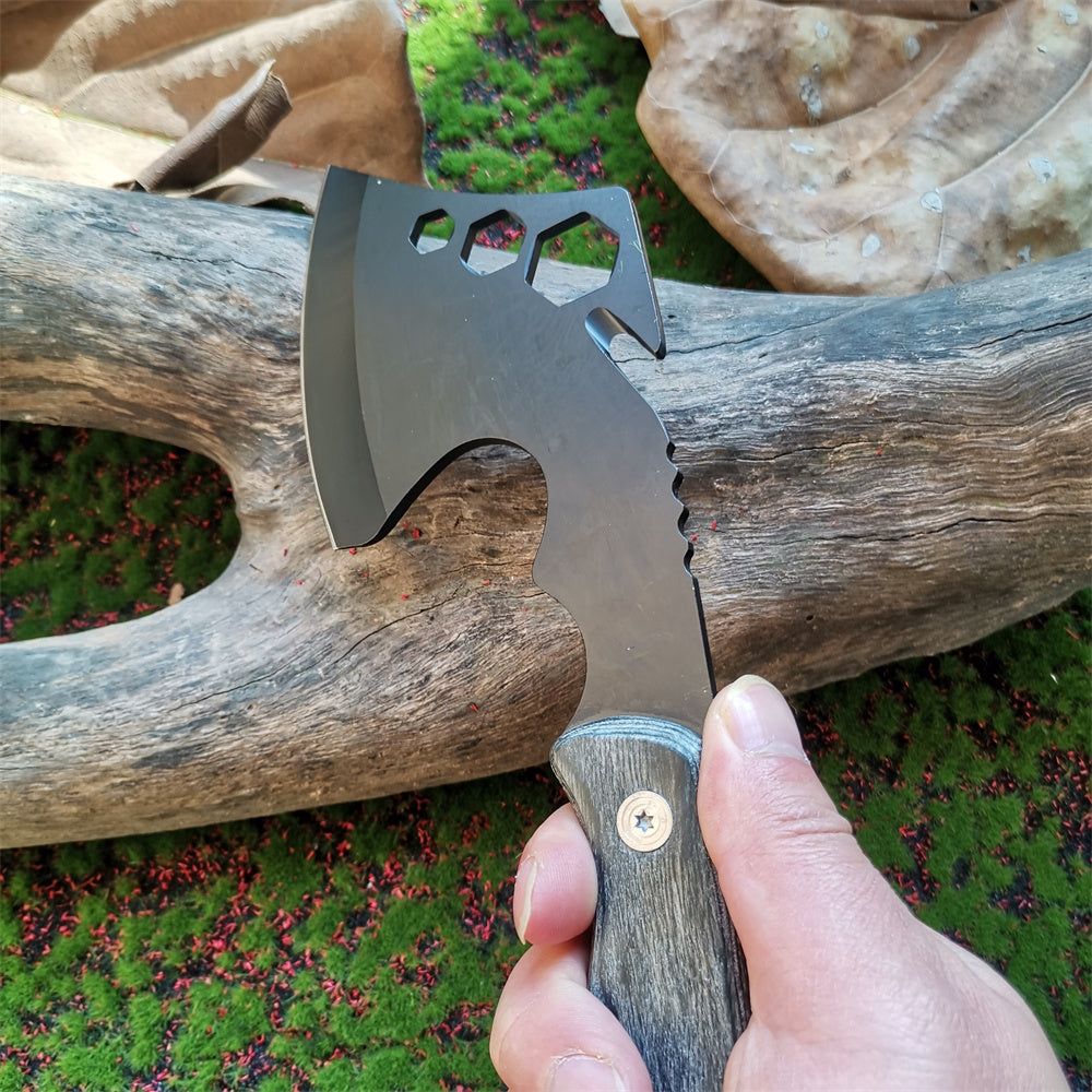 A compact, durable hand axe with a high-carbon steel blade, corrosion resistance, and ergonomic grip.