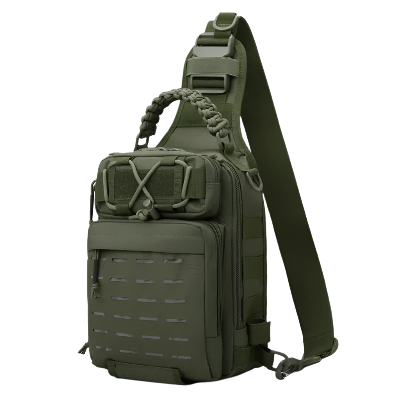 Green Tactical Chest Sling Backpack: Compact, versatile, MOLLE-ready with night reflectivity, breathable backing, and organized multi-layer pockets.