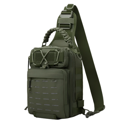 Green Tactical Chest Sling Backpack: Compact, versatile, MOLLE-ready with night reflectivity, breathable backing, and organized multi-layer pockets.