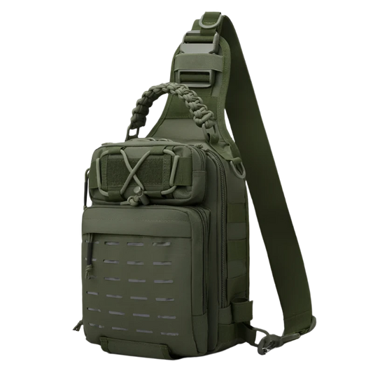 Green Tactical Chest Sling Backpack: Compact, versatile, MOLLE-ready with night reflectivity, breathable backing, and organized multi-layer pockets.