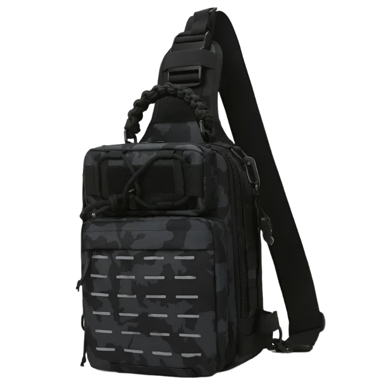 Black Camo Tactical Chest Sling Backpack: Compact, versatile, MOLLE-ready with night reflectivity, breathable backing, and organized multi-layer pockets.