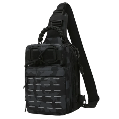 Black Camo Tactical Chest Sling Backpack: Compact, versatile, MOLLE-ready with night reflectivity, breathable backing, and organized multi-layer pockets.