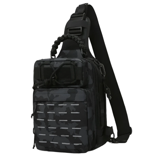 Black Camo Tactical Chest Sling Backpack: Compact, versatile, MOLLE-ready with night reflectivity, breathable backing, and organized multi-layer pockets.