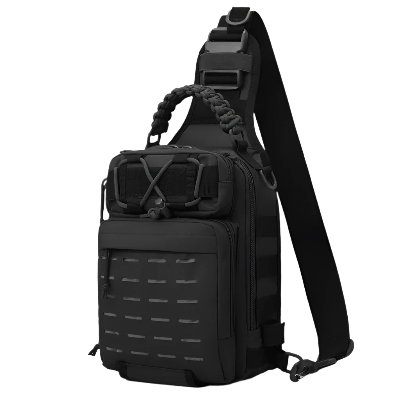 Black Tactical Chest Sling Backpack: Compact, versatile, MOLLE-ready with night reflectivity, breathable backing, and organized multi-layer pockets.